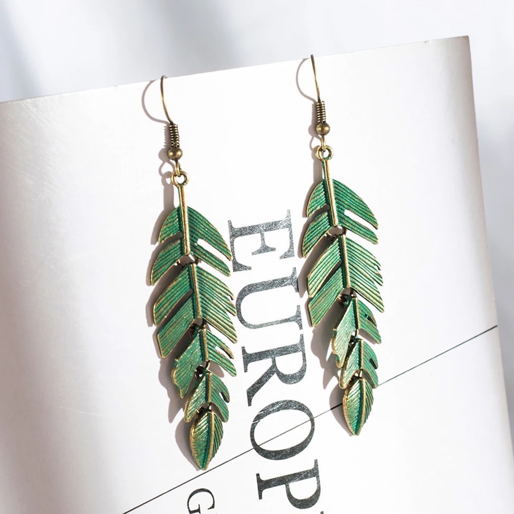 Green Palm Leaf Drop Earrings